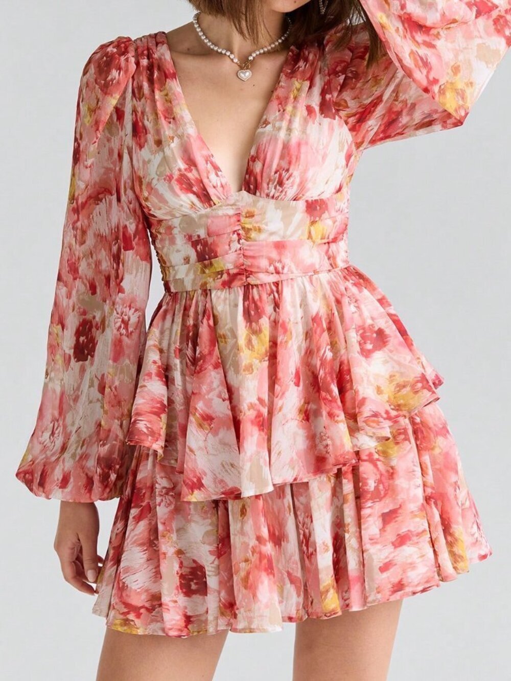 Red Boho Romantic Women's Elegant Floral Lantern Sleeve Dress